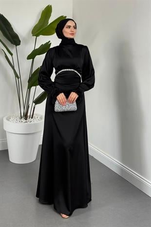Silvana Beli Taşlı Arkası Büzgülü Abiye Siyah