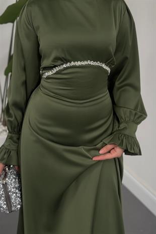 Silvana Beli Taşlı Arkası Büzgülü Abiye Haki