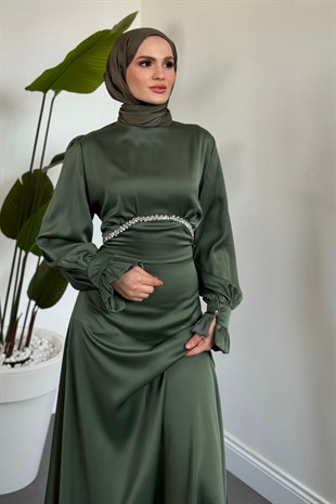 Silvana Beli Taşlı Arkası Büzgülü Abiye Mint