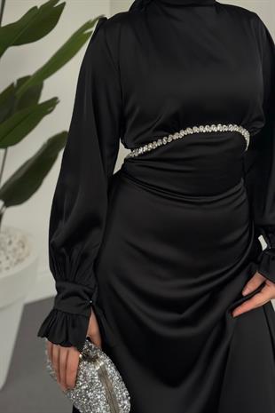 Silvana Beli Taşlı Arkası Büzgülü Abiye Siyah