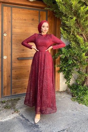 Simli Kabartmalı Abiye Bordo