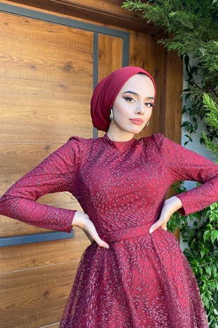 Simli Kabartmalı Abiye Bordo
