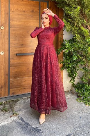 Simli Kabartmalı Abiye Bordo