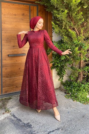 Simli Kabartmalı Abiye Bordo