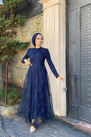 Simli Kabartmalı Abiye Lacivert