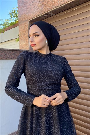 Simli Kabartmalı Abiye Siyah