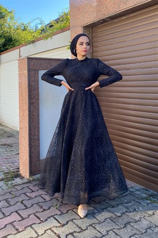 Simli Kabartmalı Abiye Siyah