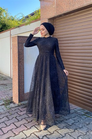 Simli Kabartmalı Abiye Siyah