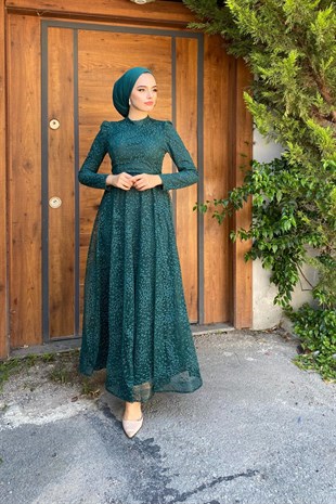 Simli Kabartmalı Abiye Zümrüt