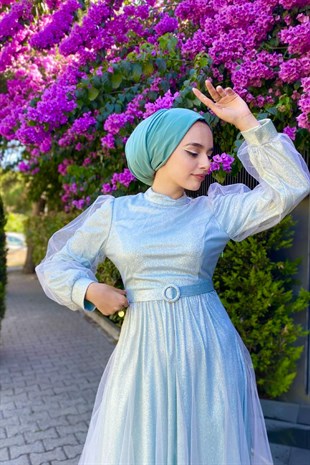 Simli Kemerli Tül Abiye Mint