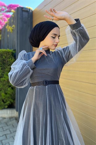 Simli Kemerli Tül Abiye Siyah