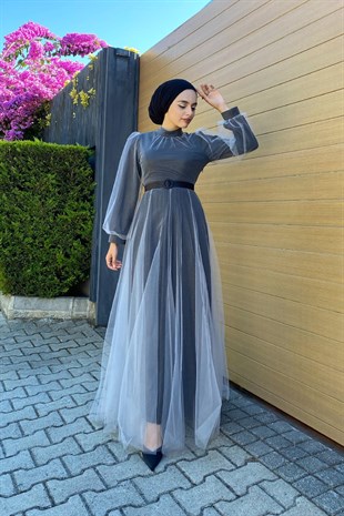 Simli Kemerli Tül Abiye Siyah