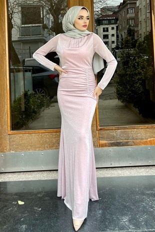 Simli Taş Düğmeli Abiye Pudra