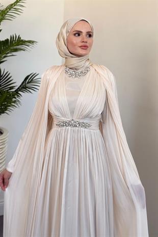 Solea Kolları Pelerinli Taşlı Abiye Krem