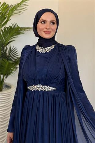 Solea Kolları Pelerinli Taşlı Abiye Lacivert