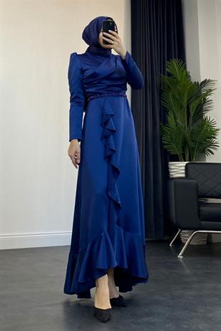 Sonya Boncuk İşleme Saten Abiye Lacivert