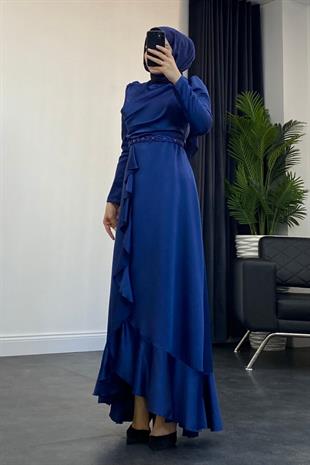 Sonya Boncuk İşleme Saten Abiye Lacivert