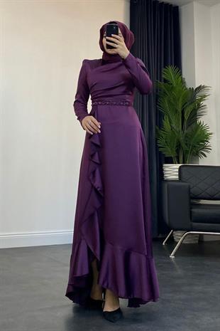 Sonya Boncuk İşleme Saten Abiye Mürdüm