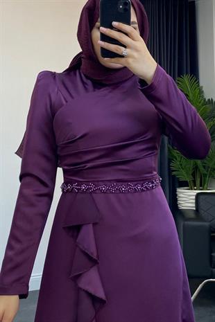 Sonya Boncuk İşleme Saten Abiye Mürdüm