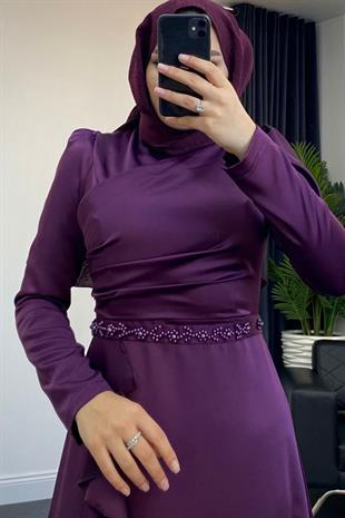 Sonya Boncuk İşleme Saten Abiye Mürdüm
