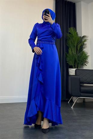 Sonya Boncuk İşleme Saten Abiye Saks