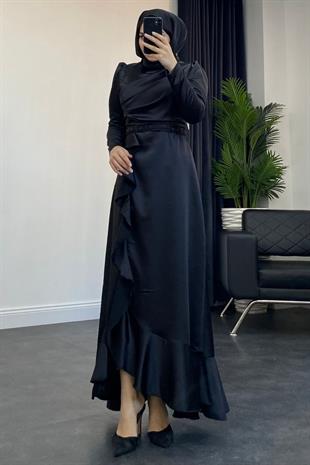 Sonya Boncuk İşleme Saten Abiye Siyah