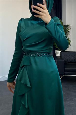 Sonya Boncuk İşleme Saten Abiye Zümrüt