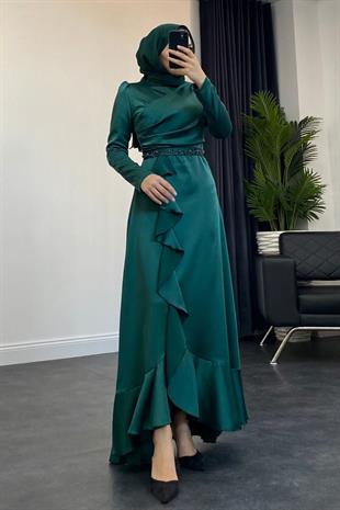 Sonya Boncuk İşleme Saten Abiye Zümrüt