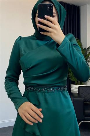 Sonya Boncuk İşleme Saten Abiye Zümrüt
