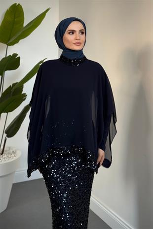Sorella Pelerinli Altı Payet Abiye Lacivert
