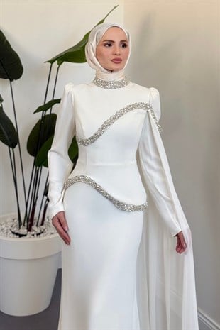 Stareh Taşlı Yandan Abiye Beyaz