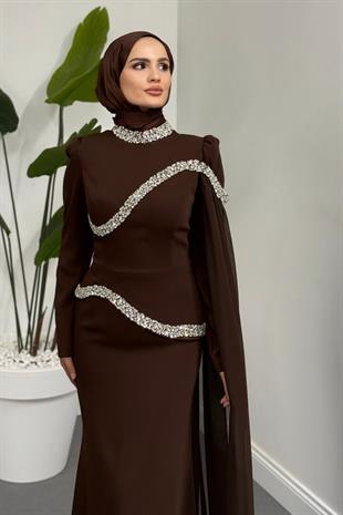 Stareh Taşlı Yandan Abiye Kahverengi