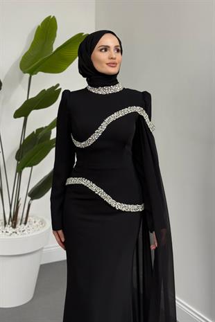 Stareh Taşlı Yandan Abiye Siyah
