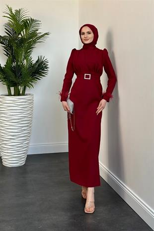 Stell Kolları Tüy Detay Kalem Abiye Bordo