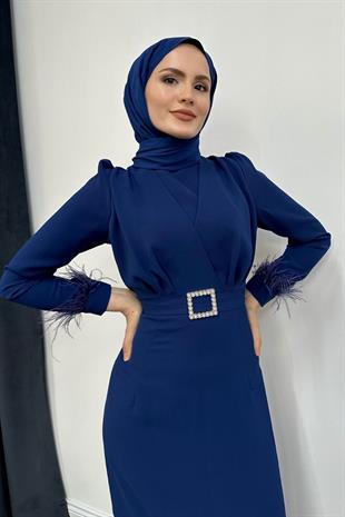 Stell Kolları Tüy Detay Kalem Abiye İndigo