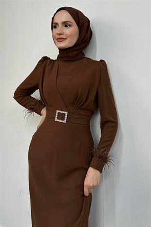 Stell Kolları Tüy Detay Kalem Abiye Kahverenk
