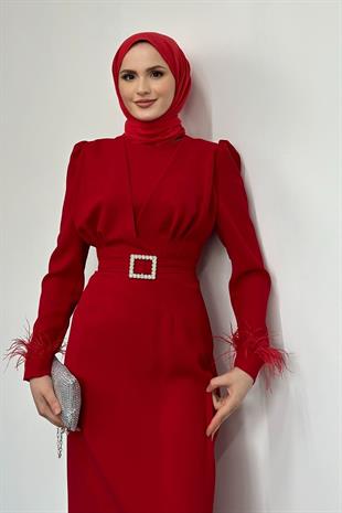 Stell Kolları Tüy Detay Kalem Abiye Kırmızı