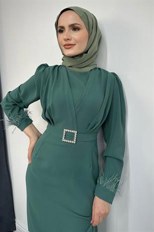Stell Kolları Tüy Detay Kalem Abiye Mint Yeşili