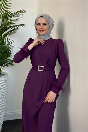 Stell Kolları Tüy Detay Kalem Abiye Mor