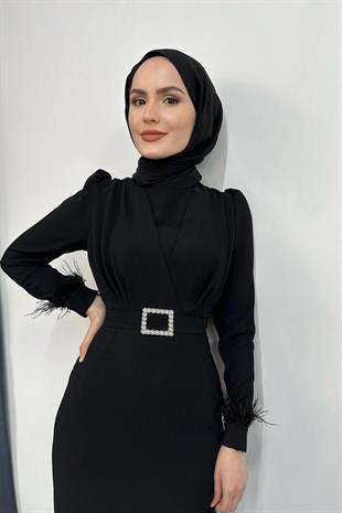 Stell Kolları Tüy Detay Kalem Abiye Siyah