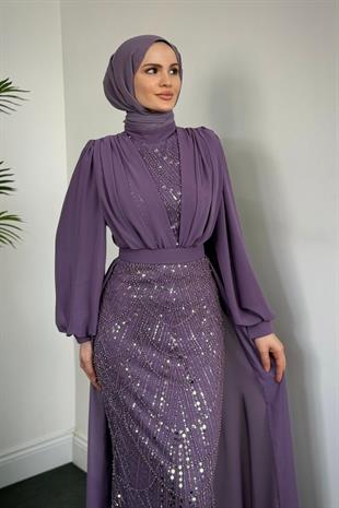 Stella Boncuk İşlemeli Pelerinli Abiye Lila