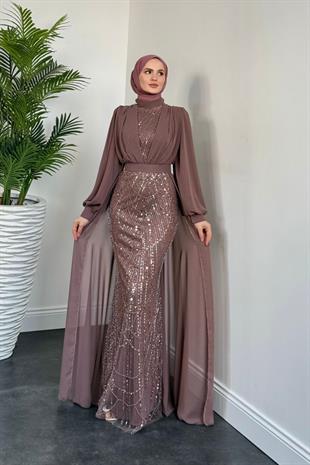 Stella Boncuk İşlemeli Pelerinli Abiye Gül Kurusu