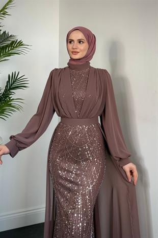 Stella Boncuk İşlemeli Pelerinli Abiye Gül Kurusu