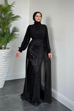 Stella Boncuk İşlemeli Pelerinli Abiye Siyah