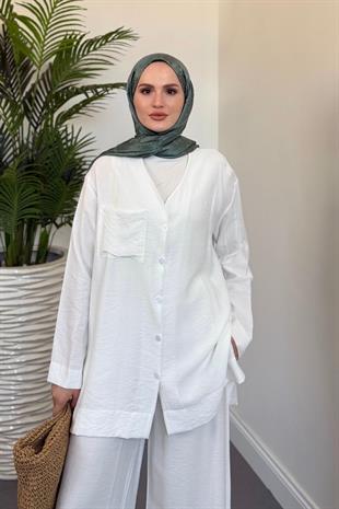 Sudy Bağcıklı Düğmeli Takım Beyaz