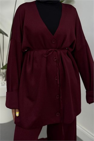 Tahlia Büyük Düğmeli Merserize Pantolon Takım Bordo
