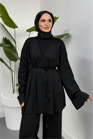 Tahlia Büyük Düğmeli Merserize Pantolon Takım Siyah 