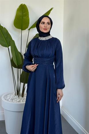 Talya Boynu Taşlı Abiye Lacivert