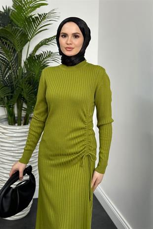 Tamara Büzgülü Fi Triko Elbise Yağ Yeşili