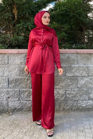 Taş Düğmeli Saten Takım Bordo